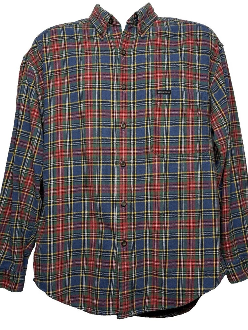 Vintage 80s Structure Flannel Shirt Size M Multi Plaid Long Sleeve Button Down
